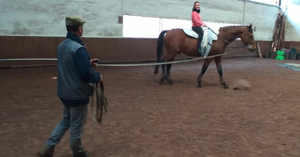 séance de voltige équestre avec le cheval, le longeur et la cavalière 
