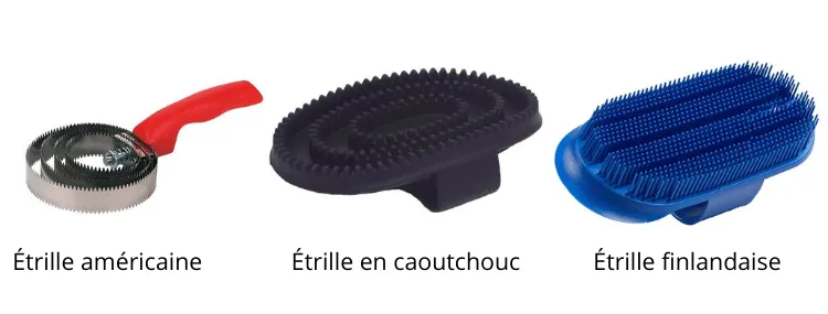 image qui montre 3 types d'étrilles. De gauche à droite : étrille américaine, étrille ovale en caoutchouc et l'étrille finlandaise.